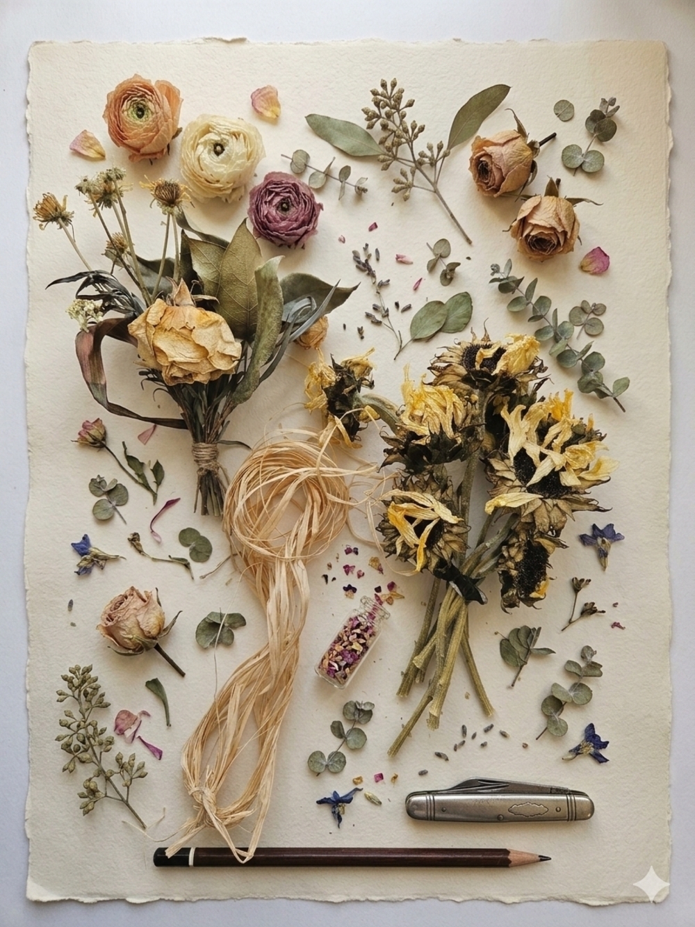 Dried Floral Bunch in Yellow and Cream – Rustic Faux Floral Accent